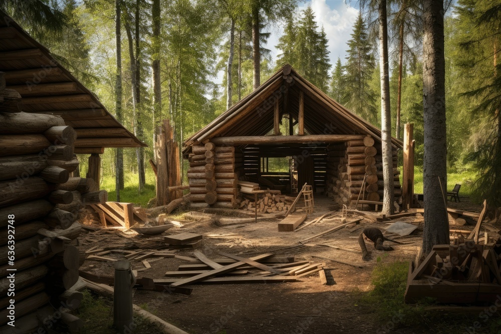 Craftsmen carving wood in a forest clearing surrounded by towering trees., generative IA Craftsmen carving wood in a forest clearing surrounded by towering trees., generative IA