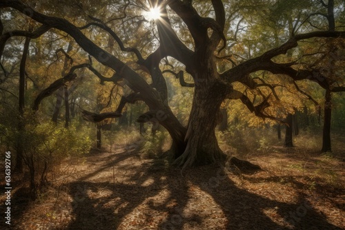 Majestic tree in pine forest. Filtered light. Rustic scene., generative IA