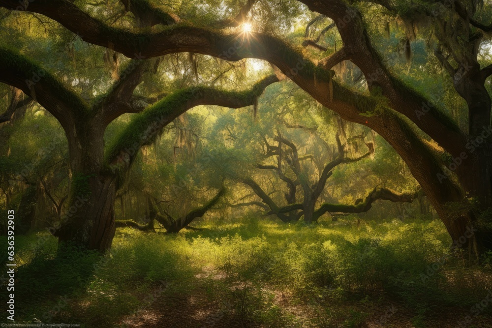 Forest of golden oaks, meandering stream and adorned trunks., generative IA Forest of golden oaks, meandering stream and adorned trunks., generative IA