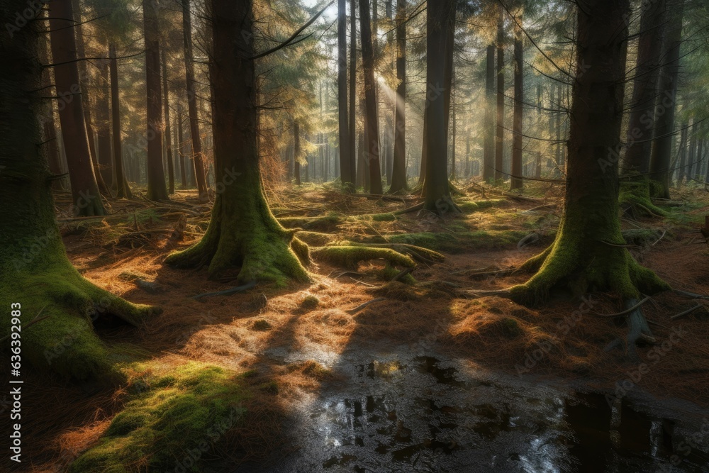 Serene pine forest with stream and sturdy trunks., generative IA