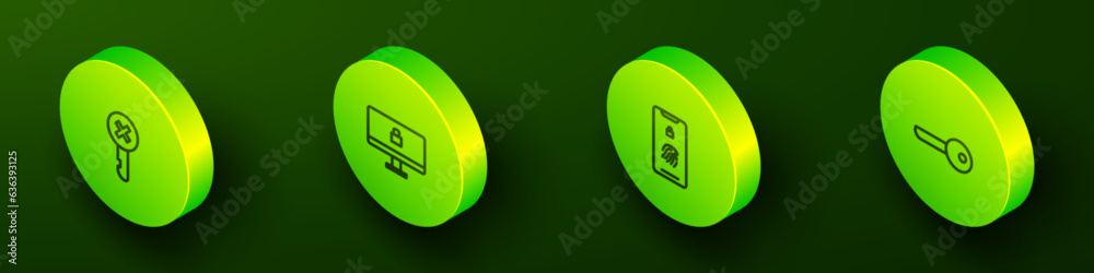 Set Isometric line Wrong key, Lock computer monitor, Mobile with fingerprint scan and Key icon. Vector Set Isometric line Wrong key, Lock computer monitor, Mobile with fingerprint scan and Key icon. Vector