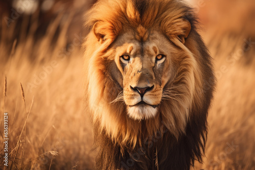 Male lion walking on the grass facing camera © STORYTELLER