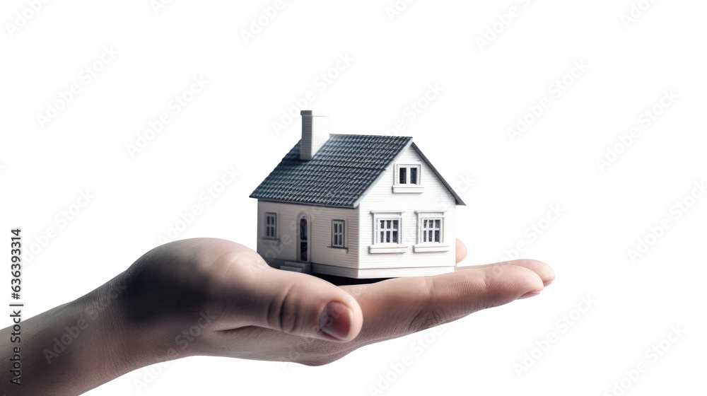 Hand holding model house for buy real estate concept. Generative Ai Hand holding model house for buy real estate concept. Generative Ai