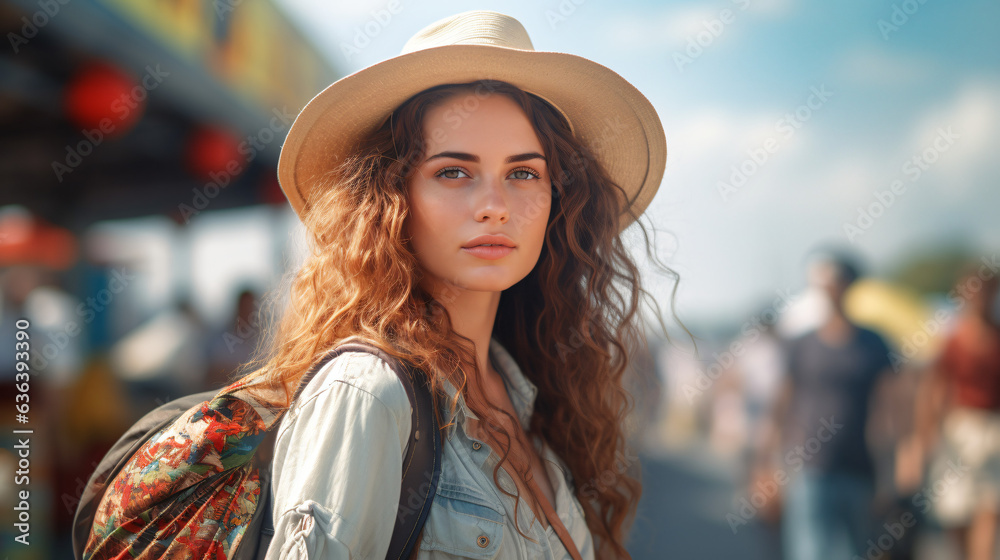 Beautiful woman wearing hat during travel at summer time - obrazy, fototapety, plakaty 