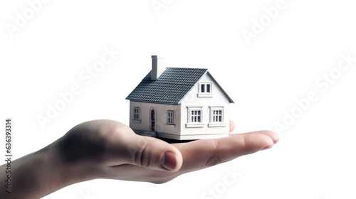 Hand holding model house for buy real estate concept. Generative Ai