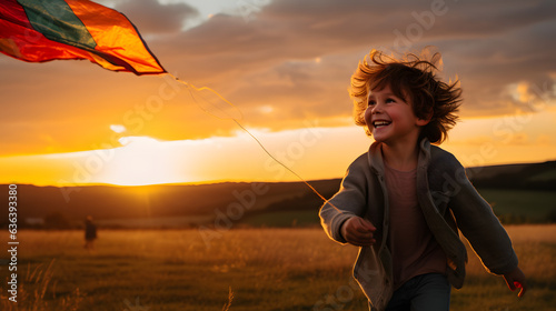 A photo of a child joyfully flying a kite in an open field, with rolling hills and the setting sun as a backdrop