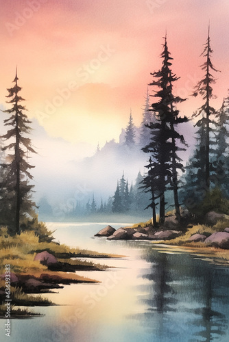 Watercolor illustration of a beautiful lake in the woods with mountains in the background