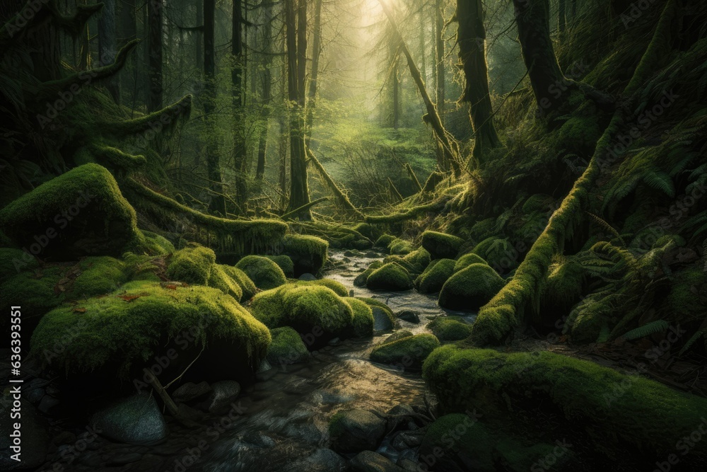 Magical forest reveals rich tapestry of natural textures: trees, leaves, moss and sparkling stream., generative IA
