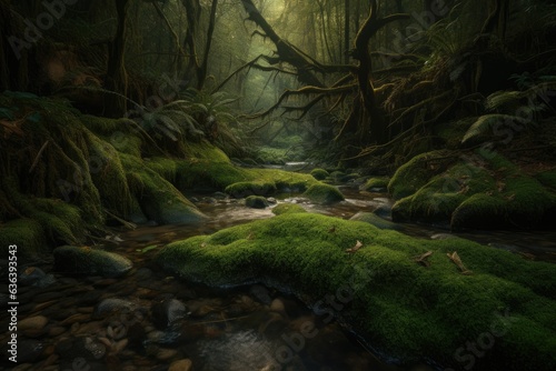 Magical forest reveals rich tapestry of natural textures  trees  leaves  moss and sparkling stream.  generative IA
