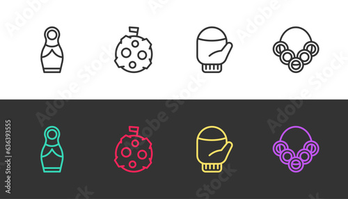 Set line Russian doll matryoshka, Moon with flag, Christmas mitten and bagels on black and white. Vector