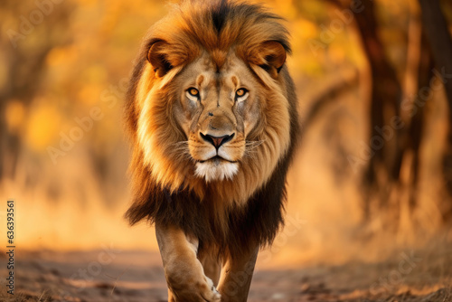 Male lion walking on the grass facing camera © STORYTELLER