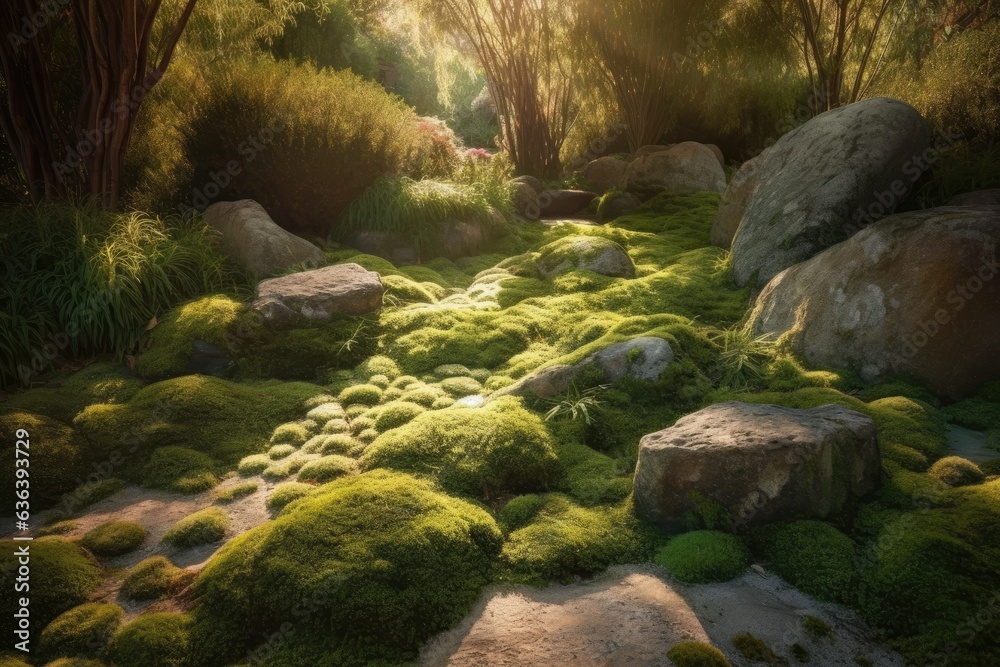 Garden of textures: moss, stones, grass and water in perfect harmony., generative IA Garden of textures: moss, stones, grass and water in perfect harmony., generative IA