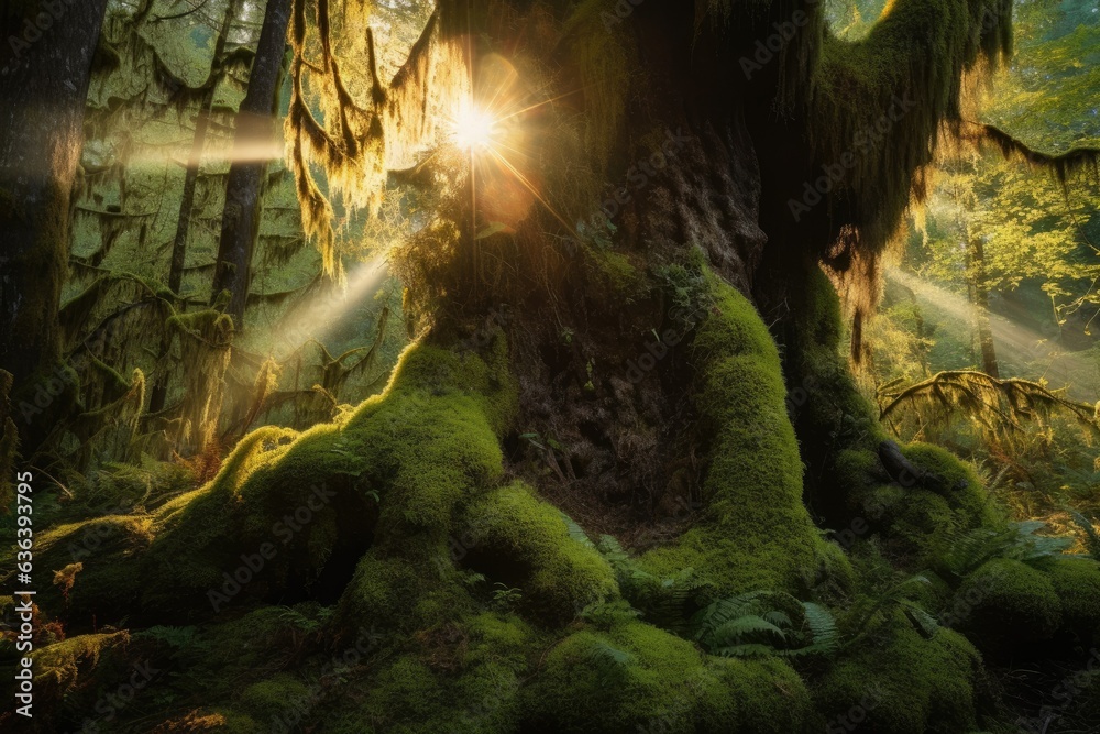 Ancient trunk in the forest: rich textures under filtered light., generative IA Ancient trunk in the forest: rich textures under filtered light., generative IA