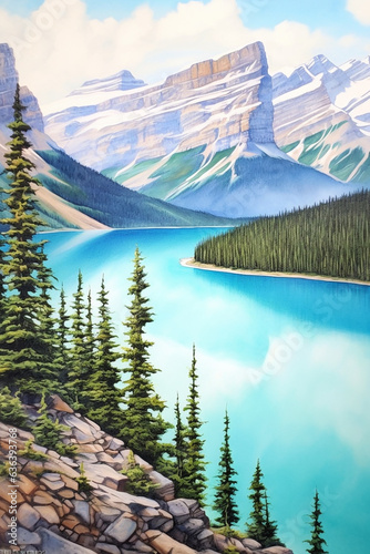 Watercolor illustration of a stunning turquoise lake in Canada Rocky Mountains