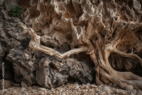 Nature displays varied textures: rough tree, lined stones and sand forming dunes., generative IA