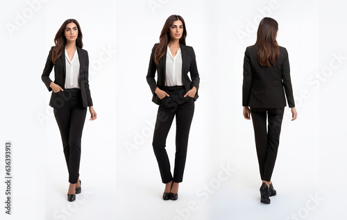 Full-length portrait of a business woman on white background, business suit. Created using generative AI technology.