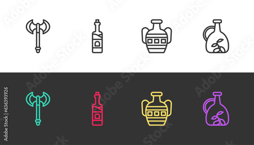 Set line Medieval axe, Bottle of wine, Ancient amphorae and olive oil on black and white. Vector