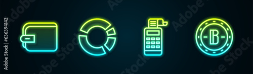 Set line Wallet, Pie chart infographic, Cash register machine and Bitcoin. Glowing neon icon. Vector