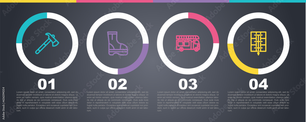 Set line Firefighter axe, boots, truck and Evacuation plan. Business infographic template. Vector Set line Firefighter axe, boots, truck and Evacuation plan. Business infographic template. Vector