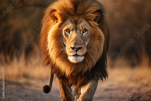 Male lion walking on the grass facing camera