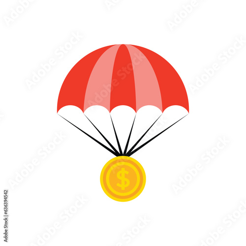 golden coin with parachute like inflation. concept of business need cash or state subsidies. cartoon flat style easy money delivery logotype graphic design web element isolated on white background