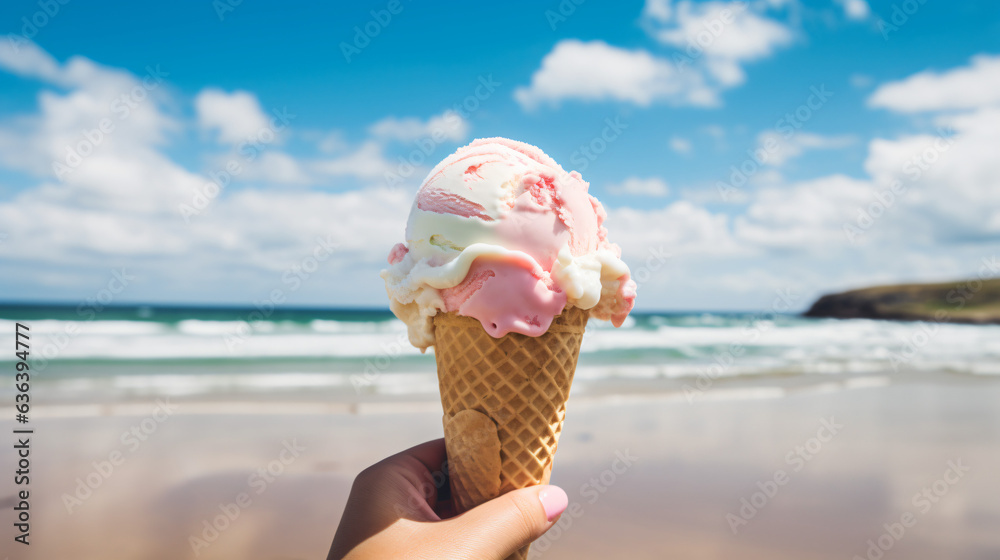 Melting Ice cream at Fistral beach, Newquay, Cornwall on a bright sunny June day - obrazy, fototapety, plakaty 