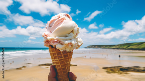 Melting Ice cream at Fistral beach, Newquay, Cornwall on a bright sunny June day photo