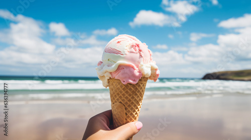Melting Ice cream at Fistral beach, Newquay, Cornwall on a bright sunny June day