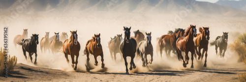Breathtaking panoramic scene of wild horses charging towards viewer amidst American desert backdrop.