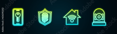 Set line Smart key, Fingerprint, home with wi-fi and Ringing alarm bell. Glowing neon icon. Vector