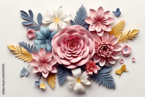 Paper flowers made of paper on white background. Flat lay, top view