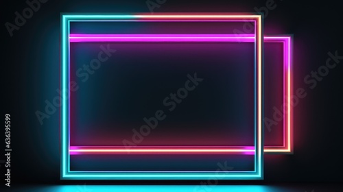 An abstract neon square frame, shining with an otherworldly glow, stands starkly against a deep black velvet backdrop. The vivid luminosity of the frame juxtaposes with the inky darkness