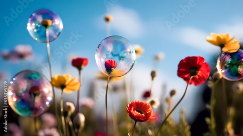 Soap bubbles, bokeh. Large bright colored flowers. Against the background of the blue sky. Generative AI technology. © Grycaj