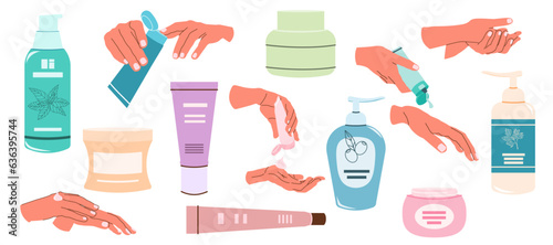 Set of creams in flat style. Vector stock illustration. isolated. White background. Hands that rub the cream into the skin. How to use cosmetics.