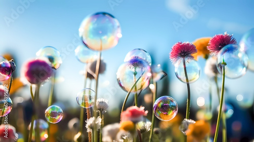 Soap bubbles, bokeh. Large bright colored flowers. Against the background of the blue sky. Generative AI technology.