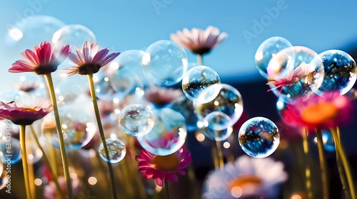 Soap bubbles, bokeh. Large bright colored flowers. Against the background of the blue sky. Generative AI technology. © Grycaj