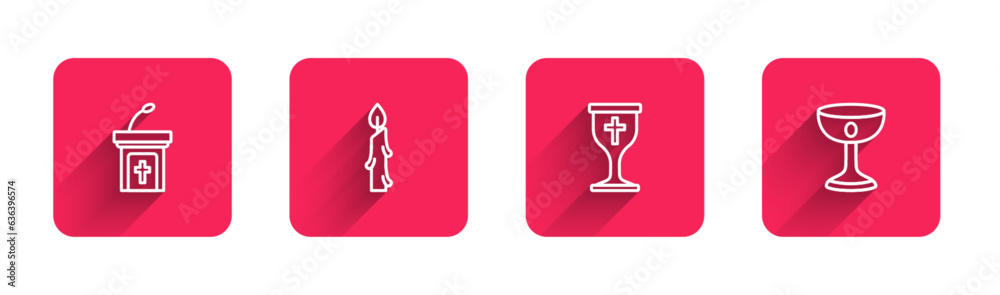 Set line Church sermon tribune, Burning candle, Christian chalice and with long shadow. Red square button. Vector Set line Church sermon tribune, Burning candle, Christian chalice and with long shadow. Red square button. Vector