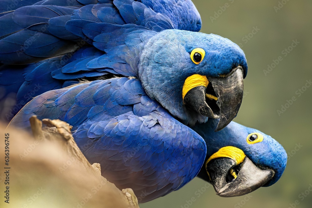 Obraz premium Stunning image of two blue macaws standing side-by-side in a natural setting