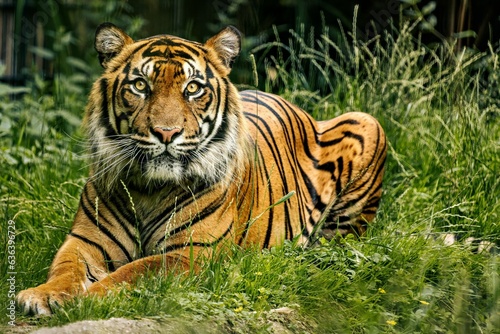 Majestic Bengal tiger lounges in the lush green grass in its zoo enclosure