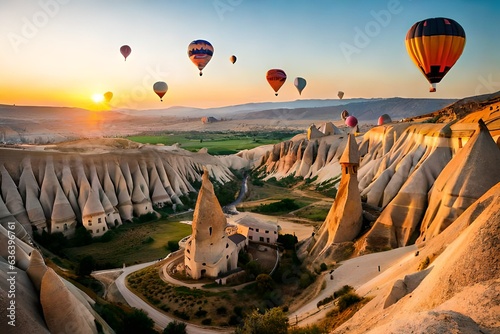 Hot air balloons flying over spectacular Cappadocia. Turkey