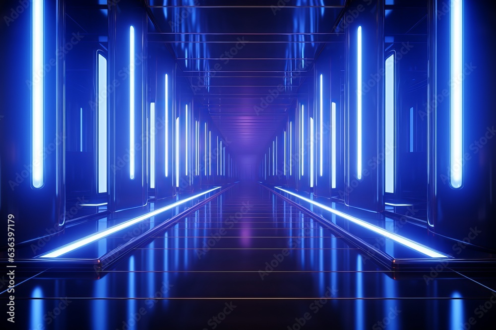 Futuristic corridor with neon lights, 3d rendering. Computer digital drawing. Futuristic corridor with neon lights, 3d rendering. Computer digital drawing.