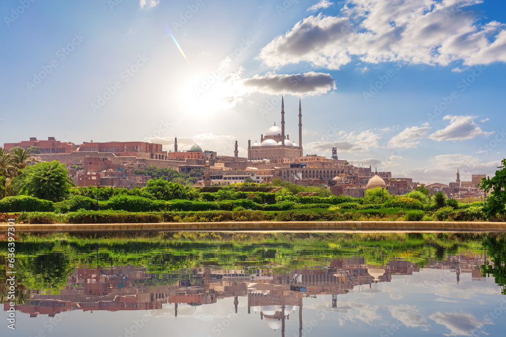 Beautiful scenery of Cairo park and the Great Mosque of Muhammad Ali Pasha, Egypt