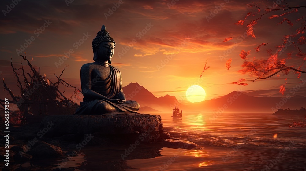 Silhouette of a Buddha statue with a sunset generated by AI - obrazy, fototapety, plakaty 