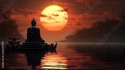 Silhouette of a Buddha statue with a sunset generated by AI
