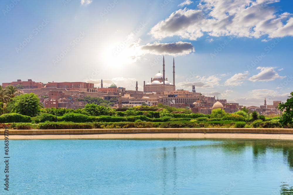 Sunny day view of the Nile and Cairo Citadel, Egypt