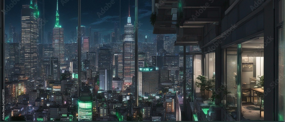 Balcony view of a busy Futuristic City at night, with tall skyscrapers all around, busy streets and lights on every building, neon punk art