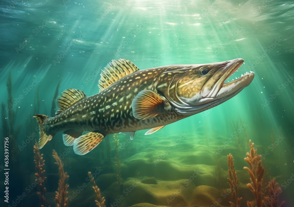 Pike fish under water, generative ai Pike fish under water, generative ai