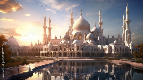 Magnificent white mosque with reflections generated by AI © Resi