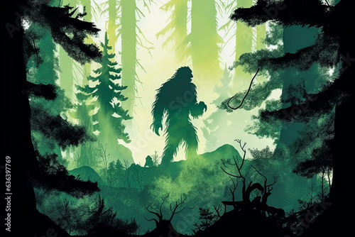 Intriguing view of a dark forest, with Bigfoot's silhouette accentuating the feelings of mystery and intrigue. Highly suitable for mysterious and cryptozoological themes. photo