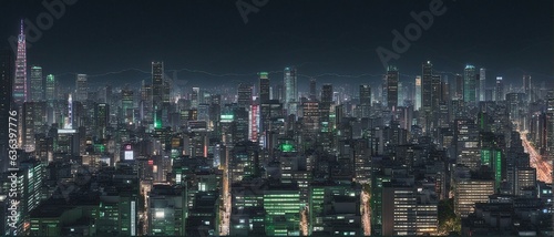 Night view of a busy and dystopian Futuristic Megalopolis, with tall skyscrapers all around, busy streets and lights on every building, neon punk art